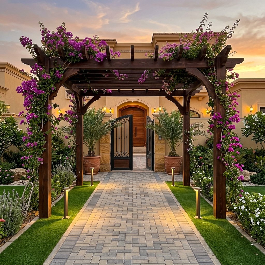 مدخل فيلا بعد التنسيق ببيرجولا وبوغنفيليا وإضاءة